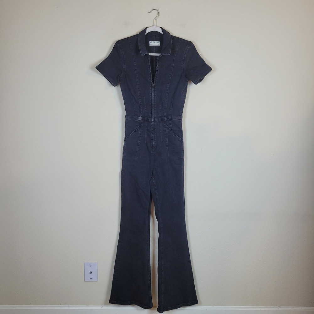 Free People We The Free Jumpsuit Small Black Denim Jayde Flare Boho Stretch Zip - Picture 2 of 11